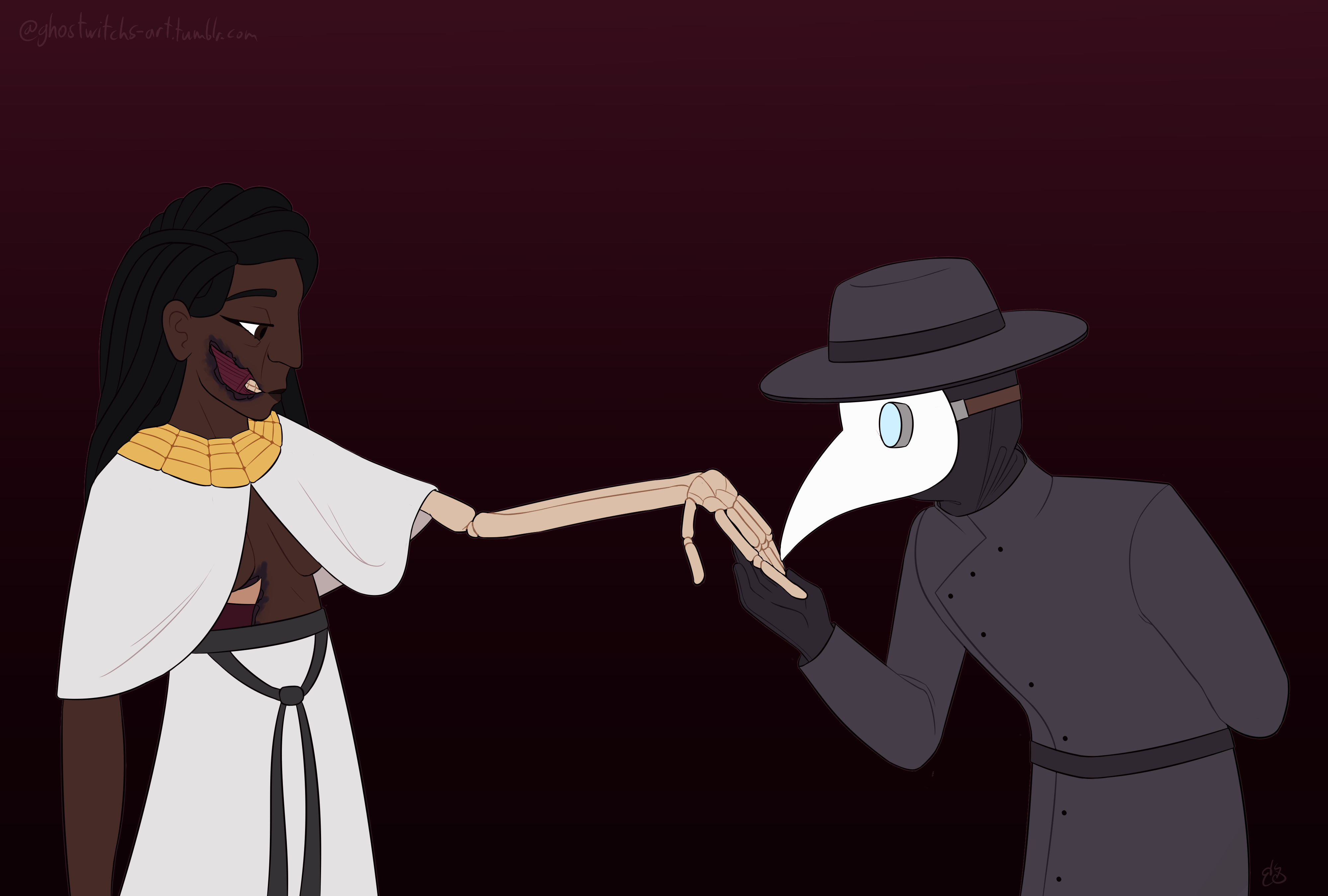 A flat painting of Nephthys extending her skeletal hand to Clement, who is 'kissing' it with the beak of their plague mask.